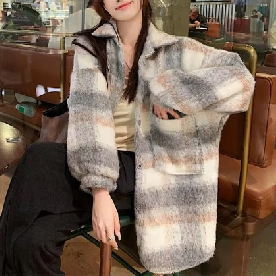 2024 Autumn and Winter Hot Thick Simple Lazy Temperament Elegant Leisure Commute Loose Medium Long Woolen Plaid Coat