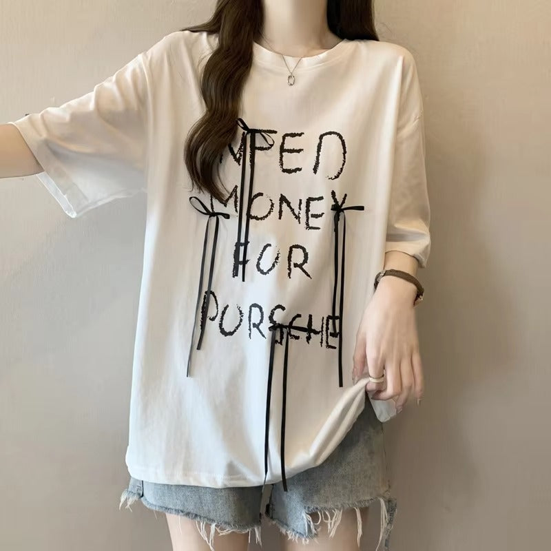 2024 Summer Hot Simple Fashion Trend Bow Letter Print All Loose High Street Holiday Home Women's Letter Short-sleeved T-shirt