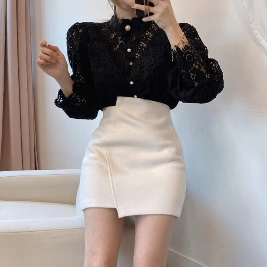 Ladies Elegant Chic White Petal Sleeve Stand Collar Cutout Lace Patchwork Pearl Buttons Fashion Casual Blouse Breathable