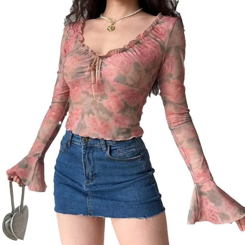 2024 Autumn/Winter Hot Simple Elegant Vintage Rose Print Mesh V-neck All Fit Leisure Vacation Slim Long-sleeved T-shirt