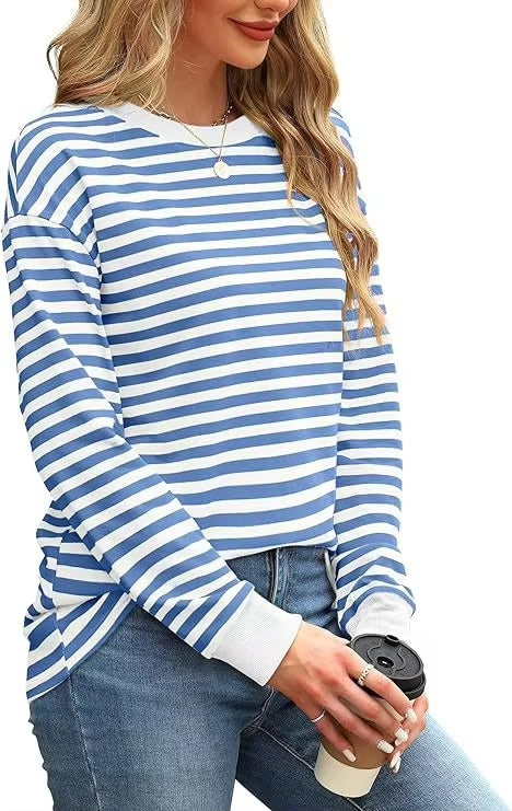 2024 Autumn and Winter New Striped Fashion Loose Long-sleeved T-shirt Round Neck Colorful Casual Base Shirt