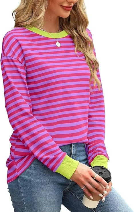 2024 Autumn and Winter New Striped Fashion Loose Long-sleeved T-shirt Round Neck Colorful Casual Base Shirt