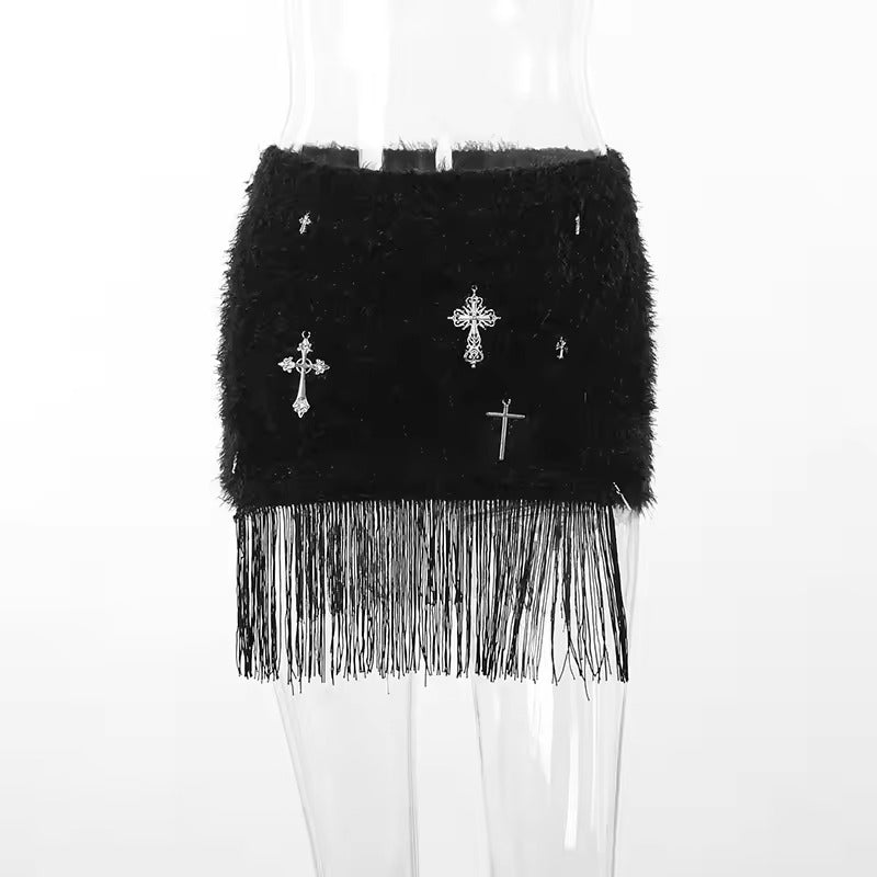 Summer European American Spice Ladies Denim Mini Skirt Casual Cross Fringe Tassel Decor Sexy Black Street Fashion for Women
