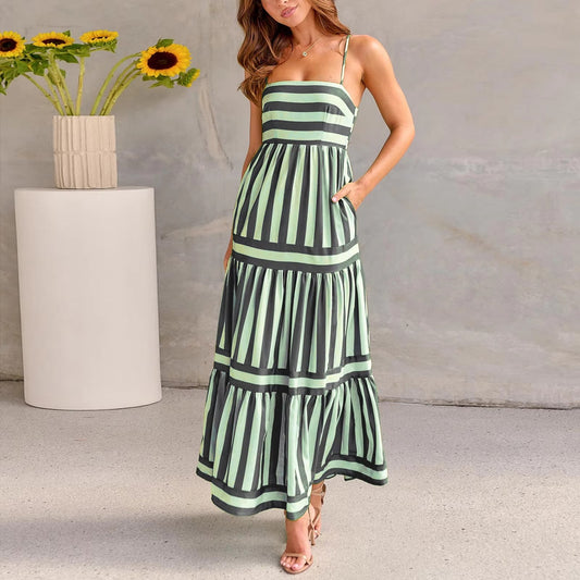 2024 Europe and the United States Simple Elegant Small Fresh Striped Print Leisure Holiday Halter Dress With Halter Pocket