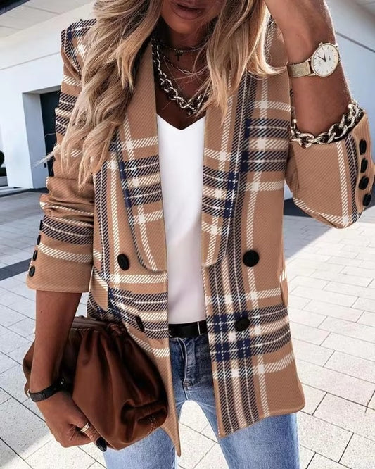 Autumn/Winter 2024 New Simple Fashion Trend Elegant commuter Leisure Vacation Long-sleeved Double-breasted Plaid blazer