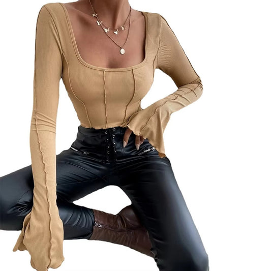 High Quality Retro Fashion Women's Top T-Shirt Basic Slim Long Sleeve Square Collar Soft Chiffon Knitted Casual Commuter T-Shirt