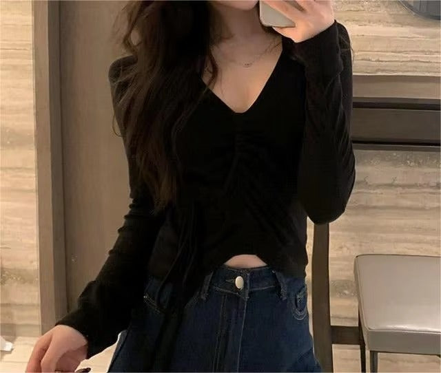 2024 Autumn and Winter Hot Simple Elegant Temperament Sexy Solid Color V-neck Drawstring Strap Slim-fit Long-sleeved T-shirt