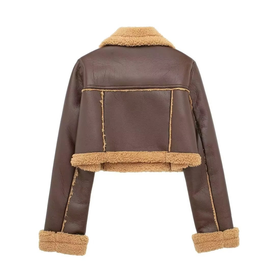 High-Quality Women's Autumn/Winter Casual Leather Jacket - Double-Sided Velvet Lapel in Euro-American Style