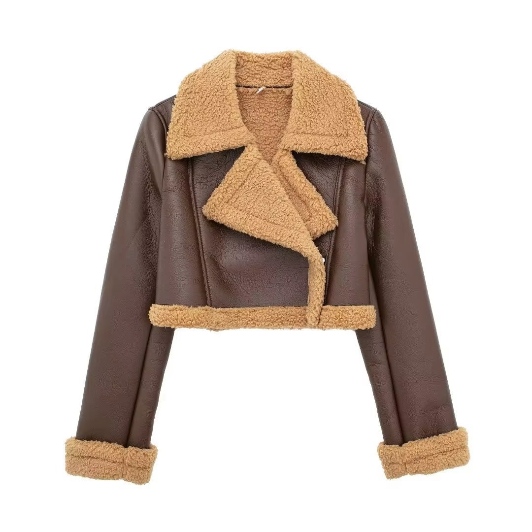 High-Quality Women's Autumn/Winter Casual Leather Jacket - Double-Sided Velvet Lapel in Euro-American Style