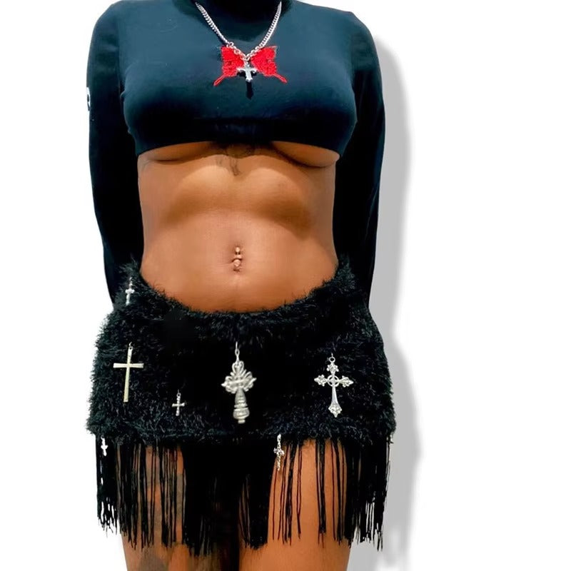 Summer European American Spice Ladies Denim Mini Skirt Casual Cross Fringe Tassel Decor Sexy Black Street Fashion for Women