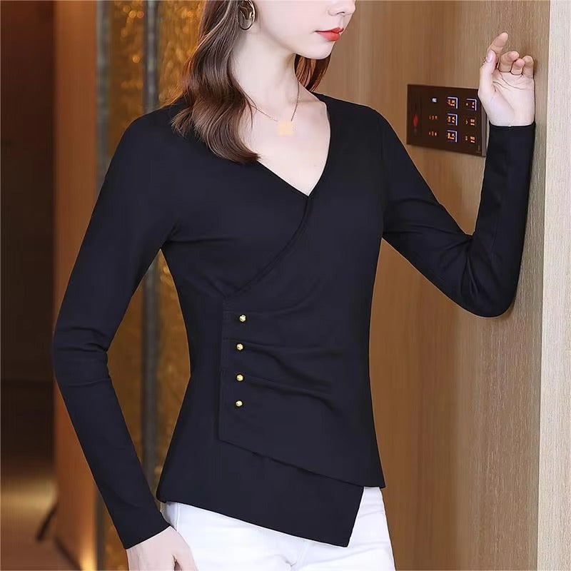 2024 Autumn and Winter New Striped Fashion Loose Long-sleeved square Collar Shirt Spliced Round Neck Casual Base Shirt