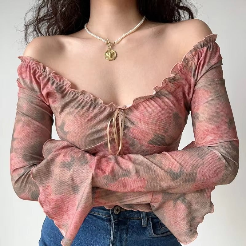 2024 Autumn/Winter Hot Simple Elegant Vintage Rose Print Mesh V-neck All Fit Leisure Vacation Slim Long-sleeved T-shirt