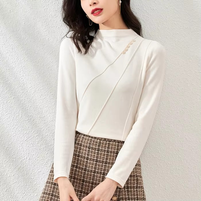 2024 Autumn and Winter Hot Simple Elegant Mature Solid Color Slim Warm Leisure Commuting Base Long Sleeve T-shirt