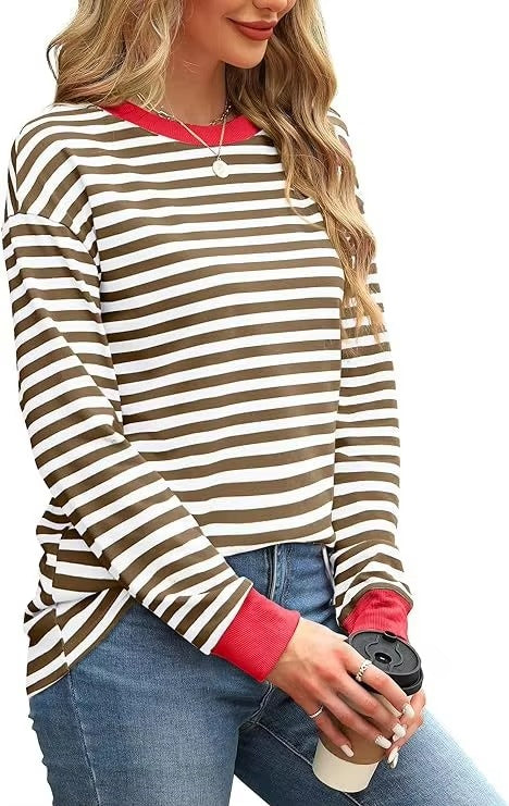 2024 Autumn and Winter New Striped Fashion Loose Long-sleeved T-shirt Round Neck Colorful Casual Base Shirt