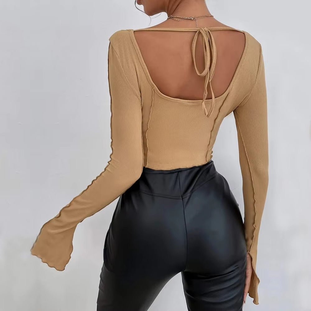 High Quality Retro Fashion Women's Top T-Shirt Basic Slim Long Sleeve Square Collar Soft Chiffon Knitted Casual Commuter T-Shirt