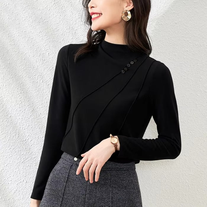 2024 Autumn and Winter Hot Simple Elegant Mature Solid Color Slim Warm Leisure Commuting Base Long Sleeve T-shirt