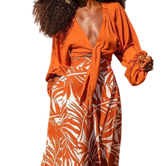 Women's Summer Office Commuter Suit High Quality Fashion V-Neck Top Wide-Leg Pants Simple Tropical Orange Print Casual