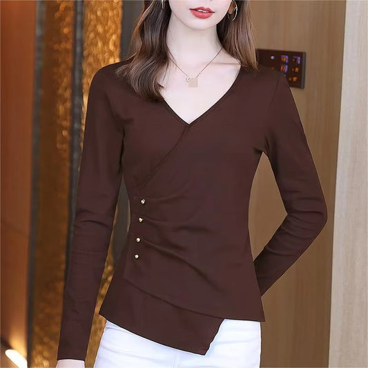 2024 Autumn and Winter New Striped Fashion Loose Long-sleeved square Collar Shirt Spliced Round Neck Casual Base Shirt