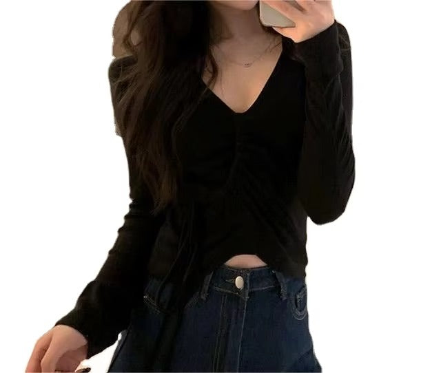 2024 Autumn and Winter Hot Simple Elegant Temperament Sexy Solid Color V-neck Drawstring Strap Slim-fit Long-sleeved T-shirt