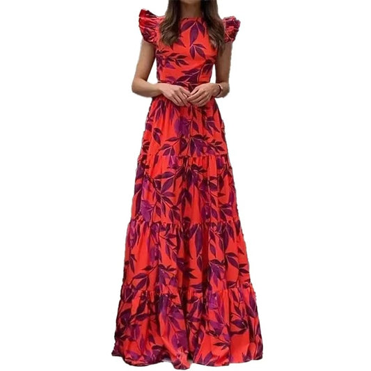 Summer High Quality Women's Long Dress Elegant Flying Sleeve High Waist Tropical Print Customizable Europe United States Leisure