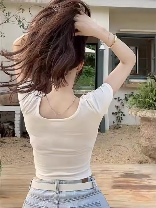 2024 Summer Hot Simple Sexy Shoulder square Neck Y2K Letter Tight Crop High Street Sister Casual Women's Short T-shirt