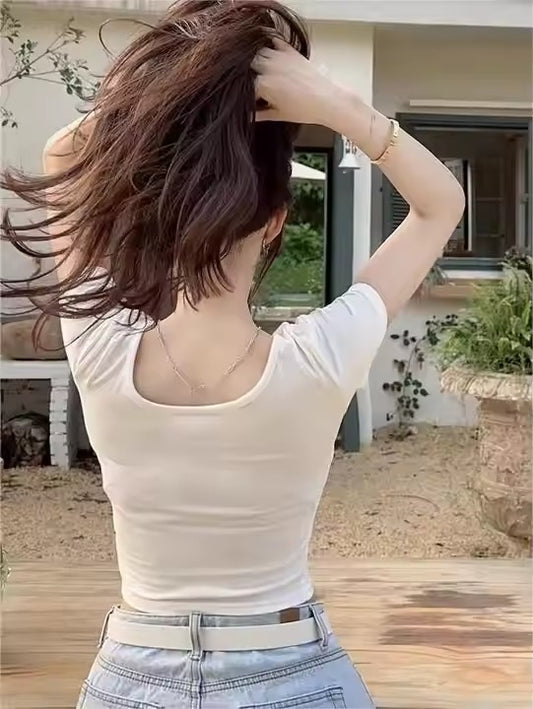 2024 Summer Hot Simple Sexy Shoulder square Neck Y2K Letter Tight Crop High Street Sister Casual Women's Short T-shirt