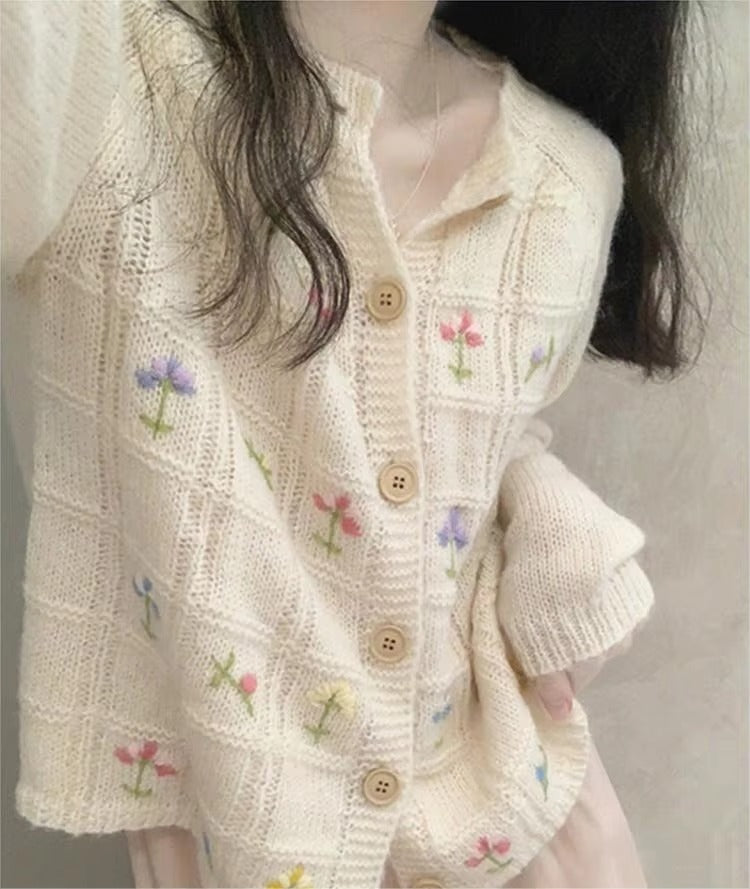 Women's Vintage Autumn Lazy Style Embroidered Sweater - Small Floral Design Long Knitted Cardigan Coat