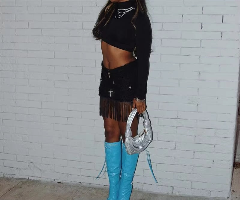 Summer European American Spice Ladies Denim Mini Skirt Casual Cross Fringe Tassel Decor Sexy Black Street Fashion for Women