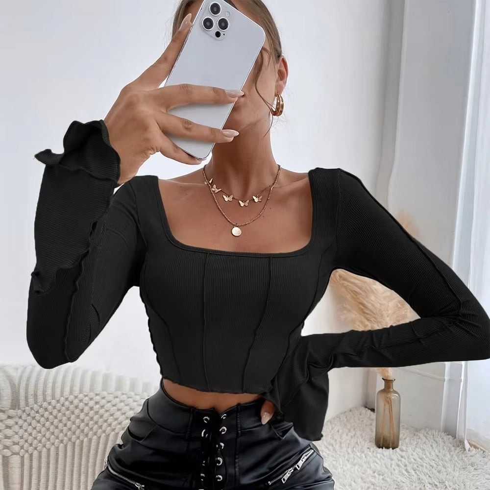 High Quality Retro Fashion Women's Top T-Shirt Basic Slim Long Sleeve Square Collar Soft Chiffon Knitted Casual Commuter T-Shirt
