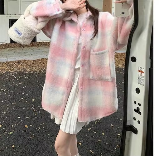 2024 Autumn and Winter Hot Thick Simple Lazy Temperament Elegant Leisure Commute Loose Medium Long Woolen Plaid Coat