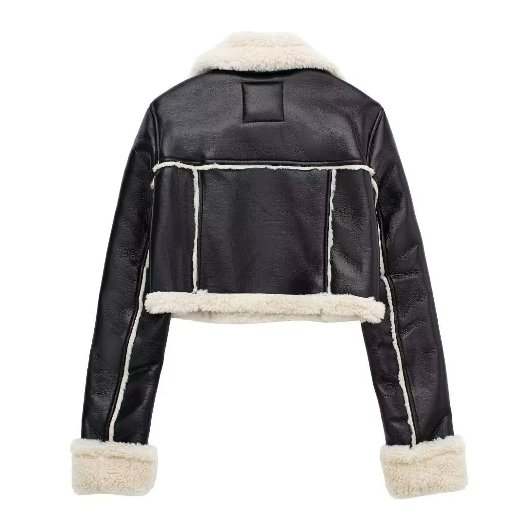 High-Quality Women's Autumn/Winter Casual Leather Jacket - Double-Sided Velvet Lapel in Euro-American Style