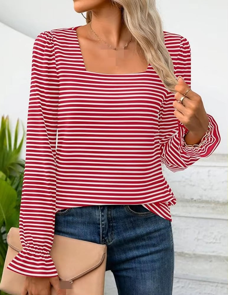 2024 Autumn and Winter New Striped Fashion Loose Long-sleeved square Collar Shirt Spliced Round Neck Casual Base Shirt