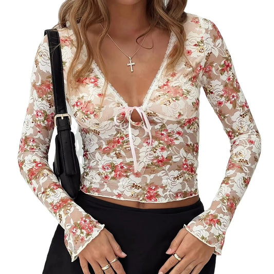 2024 Autumn and Winter Hot Elegant Sexy Floral Lace V-neck Slim High Elastic Strap Long Sleeve T-shirt Mesh Perspective T-shirt