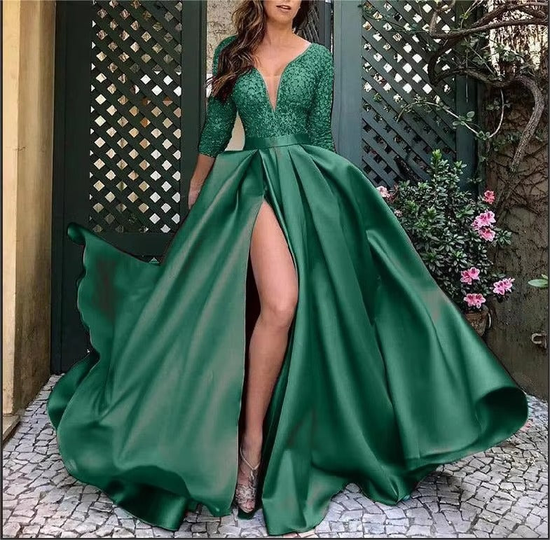 2024 the New Fashion Gorgeous Elegant Sexy Deep V-neck Lace Sequins Big Train Long Party Banquet Ladies Evening Dress