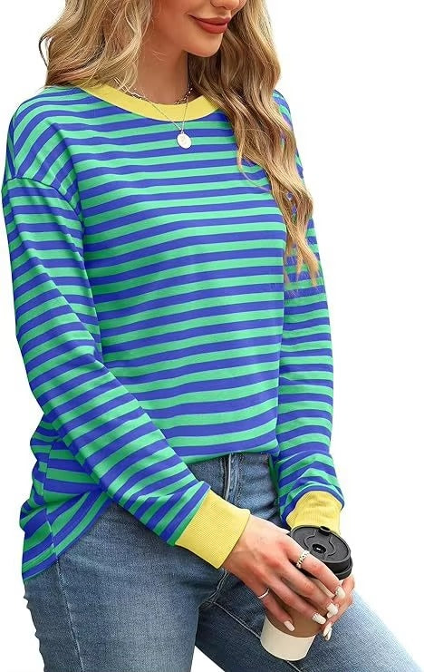 2024 Autumn and Winter New Striped Fashion Loose Long-sleeved T-shirt Round Neck Colorful Casual Base Shirt