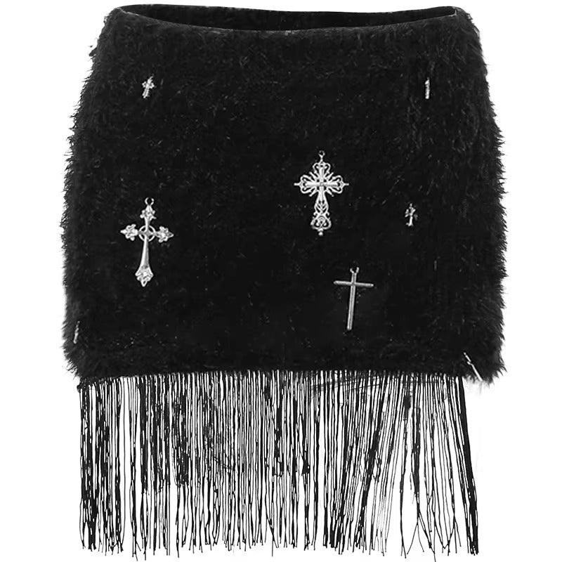 Summer European American Spice Ladies Denim Mini Skirt Casual Cross Fringe Tassel Decor Sexy Black Street Fashion for Women