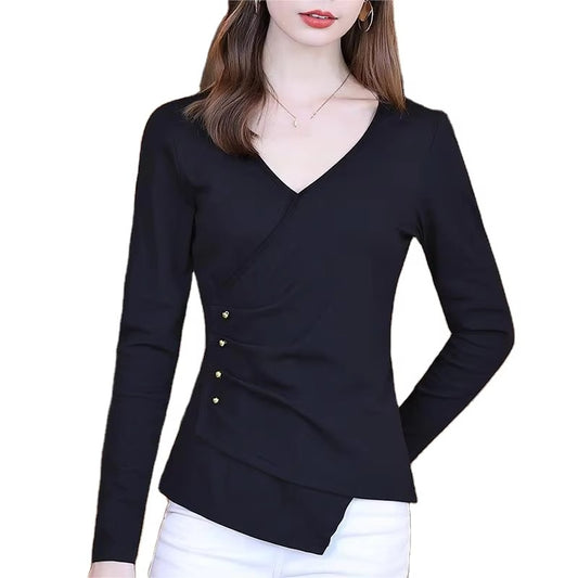 2024 Autumn and Winter New Striped Fashion Loose Long-sleeved square Collar Shirt Spliced Round Neck Casual Base Shirt