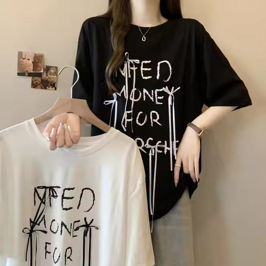 2024 Summer Hot Simple Fashion Trend Bow Letter Print All Loose High Street Holiday Home Women's Letter Short-sleeved T-shirt