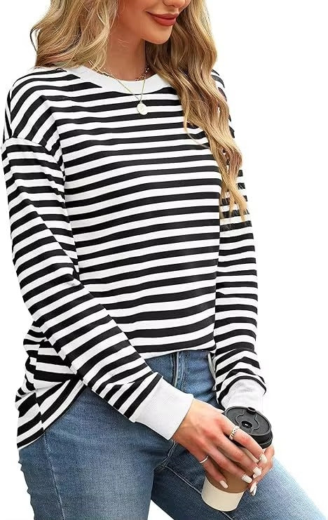 2024 Autumn and Winter New Striped Fashion Loose Long-sleeved T-shirt Round Neck Colorful Casual Base Shirt