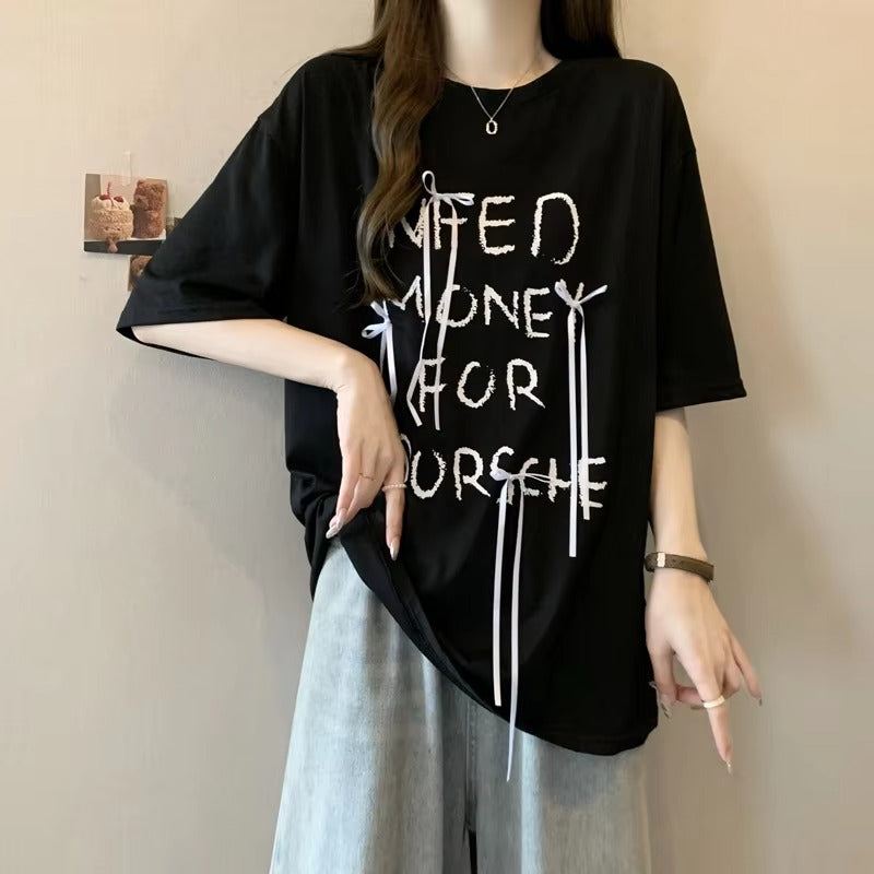 2024 Summer Hot Simple Fashion Trend Bow Letter Print All Loose High Street Holiday Home Women's Letter Short-sleeved T-shirt