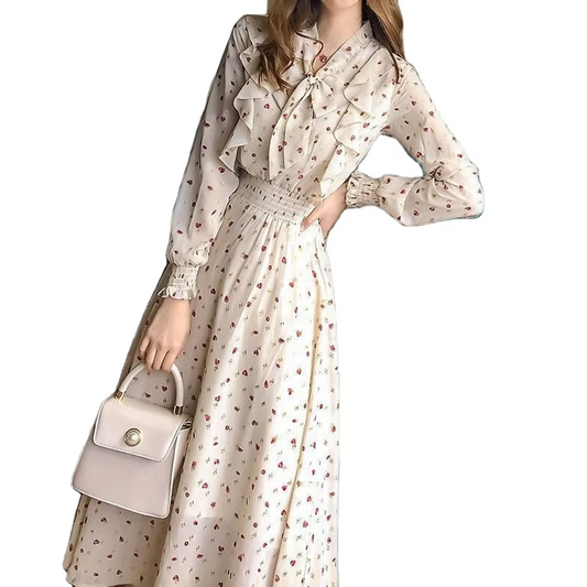 Summer Slim-Fit Chiffon Print Floral Dress for Women Elegant French Fashion With Bow Detail Long Sleeves Leisure Travel Holidays