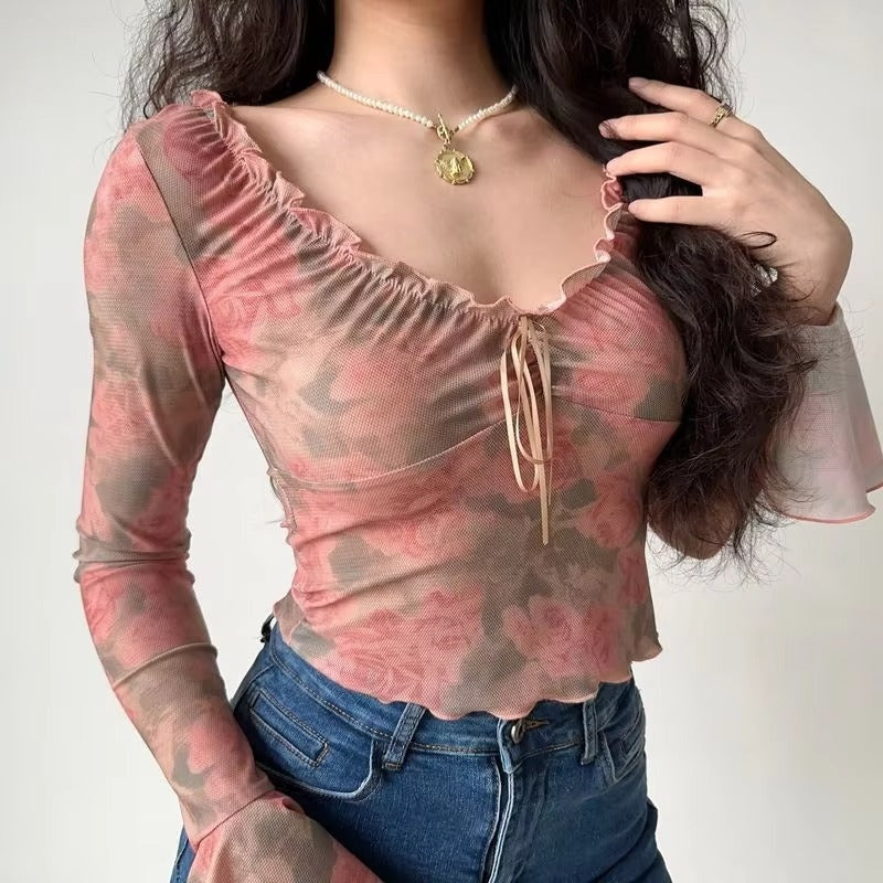 2024 Autumn/Winter Hot Simple Elegant Vintage Rose Print Mesh V-neck All Fit Leisure Vacation Slim Long-sleeved T-shirt