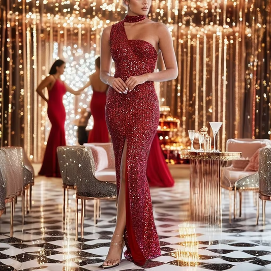 Summer Fashion Women's Dress With Sexy Sequin Splicing Solid Red Split Breast Design for Commuters