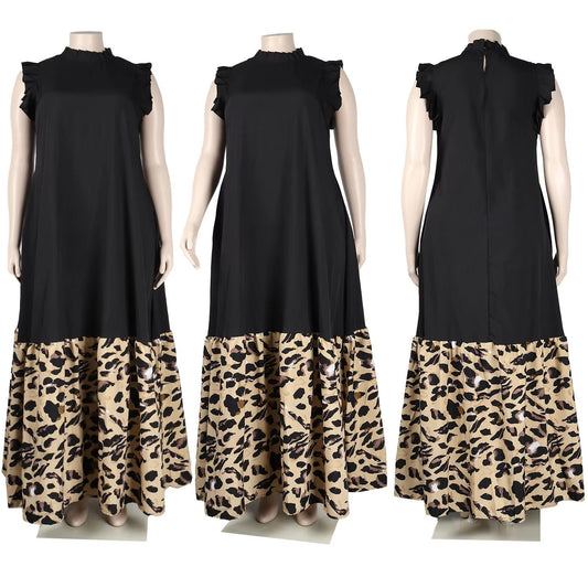 Women's Elegant Sleeveless Print Leopard Splicing Dress Large Size Leisure Loose Commuter Holiday Dress-for Summer Europe United