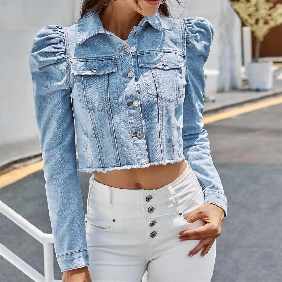 High-Quality Fashion Denim Jacket for Ladies | Fall/Winter Casual Street Style with Lapel, Pocket, Button & Breathable Design - In Stock