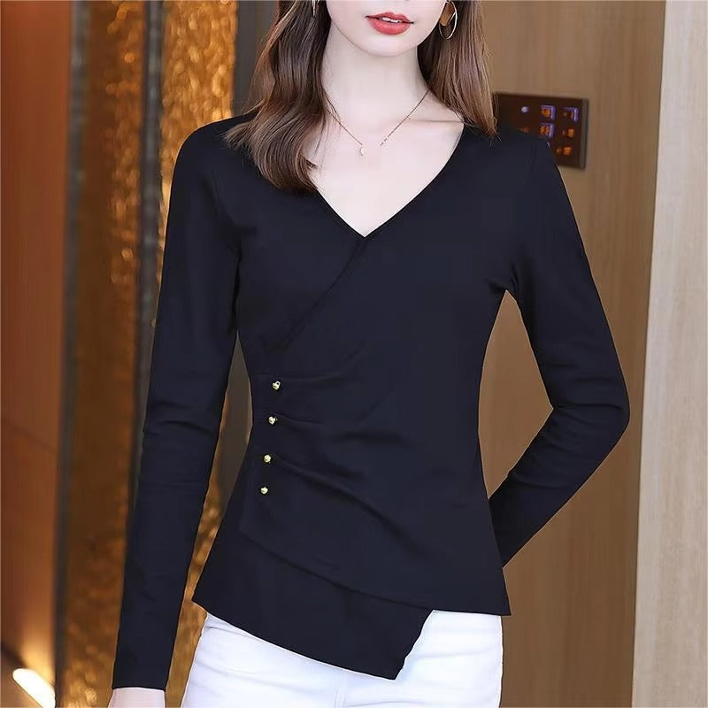 2024 Autumn and Winter New Striped Fashion Loose Long-sleeved square Collar Shirt Spliced Round Neck Casual Base Shirt
