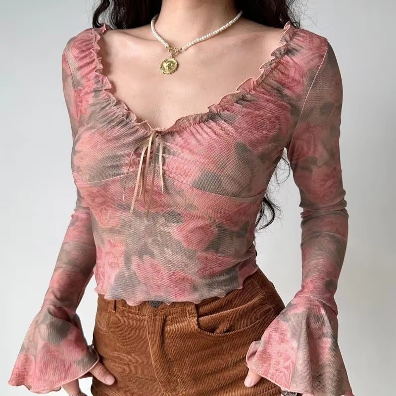 2024 Autumn/Winter Hot Simple Elegant Vintage Rose Print Mesh V-neck All Fit Leisure Vacation Slim Long-sleeved T-shirt