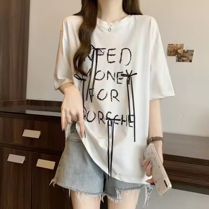 2024 Summer Hot Simple Fashion Trend Bow Letter Print All Loose High Street Holiday Home Women's Letter Short-sleeved T-shirt