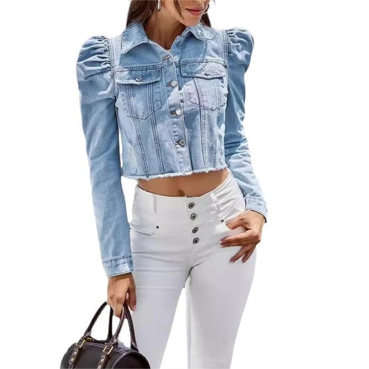 High-Quality Fashion Denim Jacket for Ladies | Fall/Winter Casual Street Style with Lapel, Pocket, Button & Breathable Design - In Stock