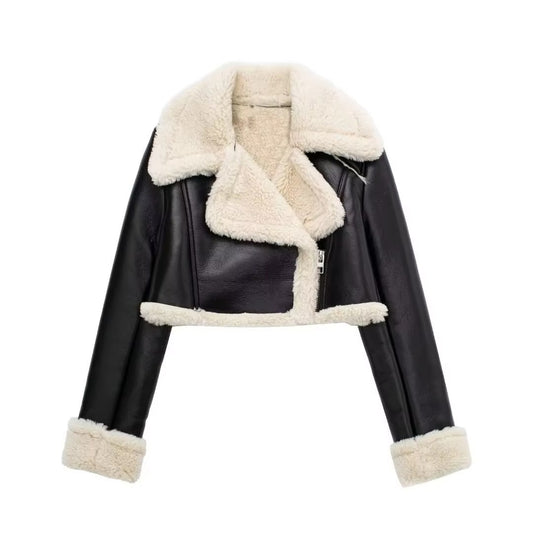 High-Quality Women's Autumn/Winter Casual Leather Jacket - Double-Sided Velvet Lapel in Euro-American Style